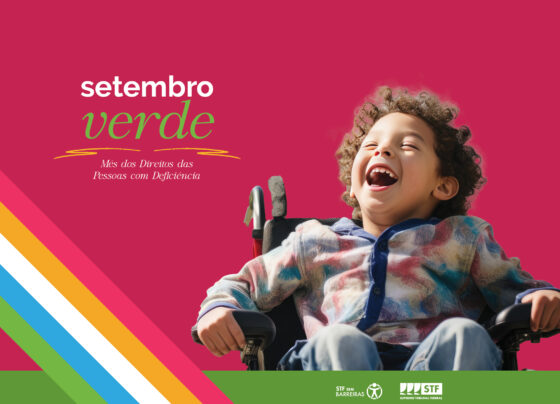 Ilustração com o fundo rosa escrito setembro verde mês dos direitos das pessoas com deficiência. Abaixo listras em diagonnal nas cores rosa, laranja, branca, azul e verde. Á direita uma criança sorridente em uma cadeira de rodas.