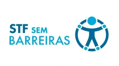 STF sem Barreiras, arte com fundo branco e logo azul de uma miniatura de boneco em um círculo